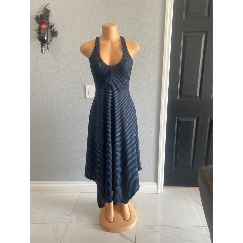 Prana Quinn Dress XS Navy Blue Striped Handkerchief Hem Racerback Keyhole Midi